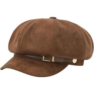 畹町麂皮绒八角帽女秋冬季复古英伦风搭扣鸭舌贝雷帽报童画家帽子