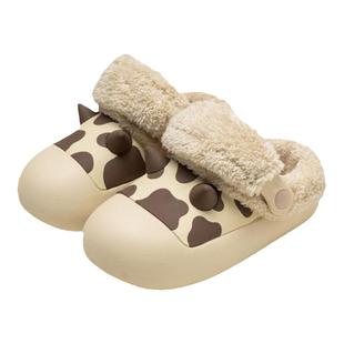 奶牛儿童拖鞋冬季男童棉拖鞋宝宝小孩防水家居室内毛毛鞋女童包跟