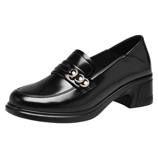 红蜻蜓女鞋亮面一脚蹬小皮鞋高跟厚底乐福鞋女款春季新款真皮英伦