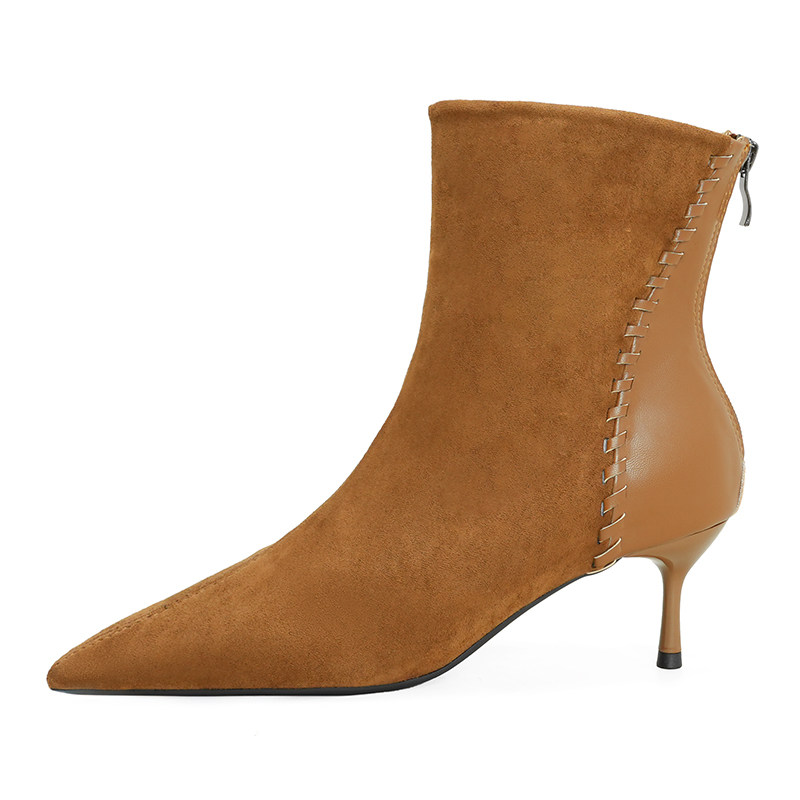 苏妃妃法式尖头细跟百搭绒面短靴