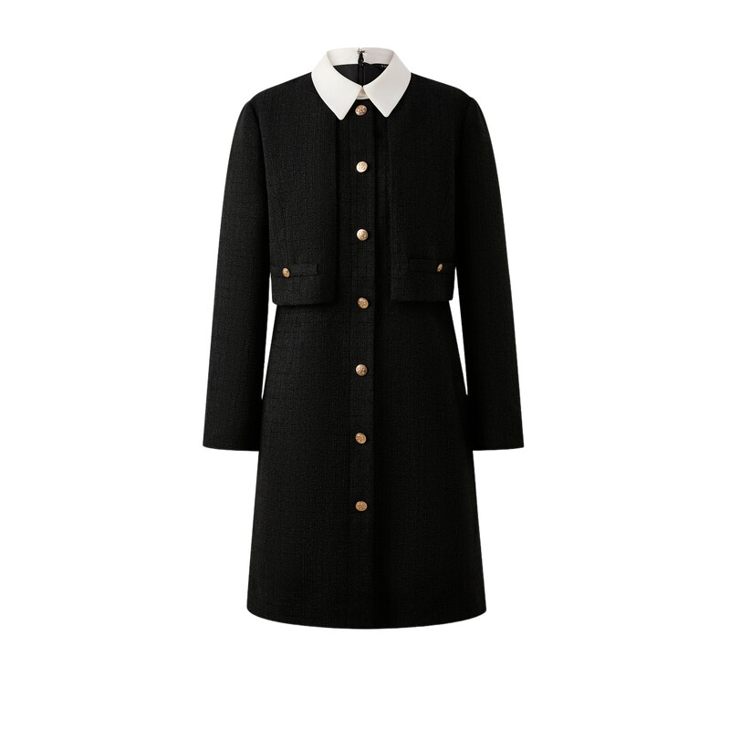 PRICH时尚绵羊毛小香风撞色翻领假两件连衣裙2025冬季新款裙子女