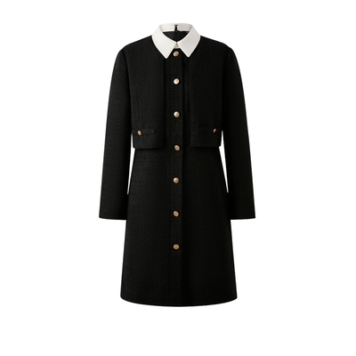 PRICH时尚绵羊毛小香风撞色翻领假两件连衣裙2025冬季新款裙子女