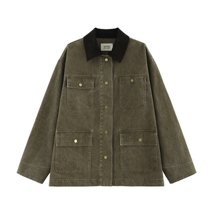 【瓦砾】酵素重洗彩牛 复古做旧灯芯绒翻领廓形夹克外套-FW1305