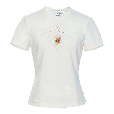 lefame拉飞姆2026夏新款米白色洛可可绣花珠饰镂空短袖T恤女