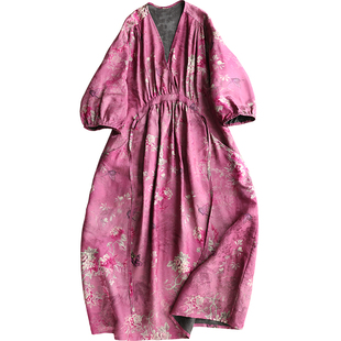 云澍原创 交织香云纱法式文艺复古V领大摆收腰连衣裙长裙夏季新款