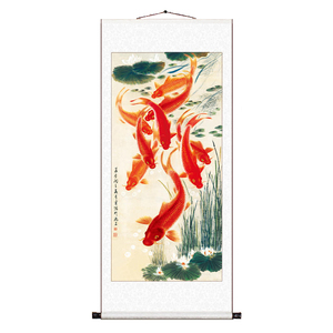 鸿运当头卷轴挂画山水画书房玄关办公室新中式壁画靠山国画九鱼图