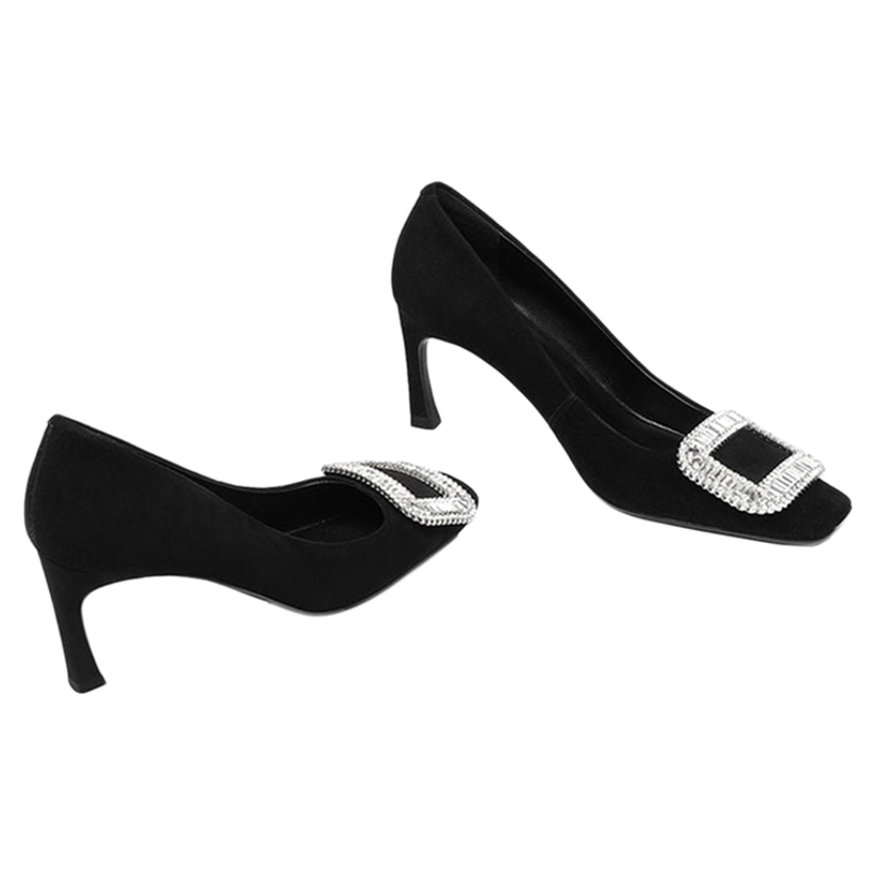 【Lily An x 布灵布灵】方头浅口细跟单鞋女水钻方扣绒面高跟鞋子