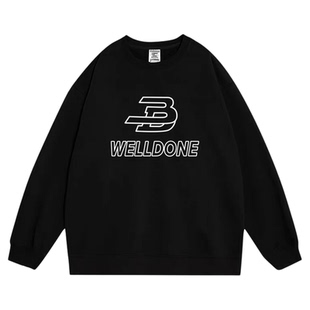 田栩宁同款黑色圆领卫衣男2025新款长袖秋冬加绒美式潮牌无帽上衣