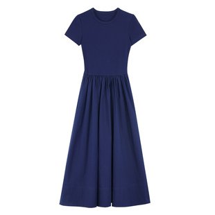 pusumede 极简自在 拼接针织短袖连衣裙女夏季设计感法式大摆长裙