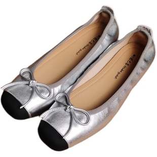 新款休闲平底奶奶鞋浅口百搭拼色方头软底银色芭蕾舞蝴蝶结单鞋女