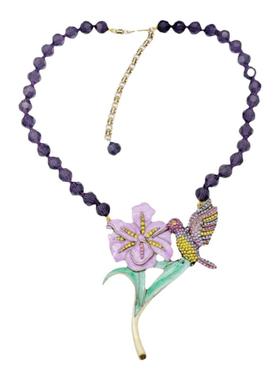 男女紫色花小鸟项链滴釉设计感