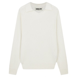 BONELESS羊毛混纺V领POLO针织毛衣复古老钱风铁牌长袖套头上衣