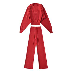 YoungGirlDay新年圣诞纯欲背心长袖披肩高腰抽绳休闲长裤针织套装