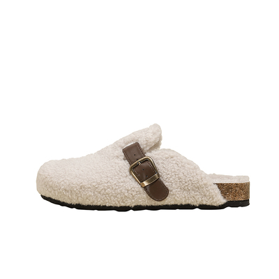 勃肯鞋加绒毛毛拖鞋女外穿冬季一脚蹬包头半拖棉拖复古厚底博肯鞋