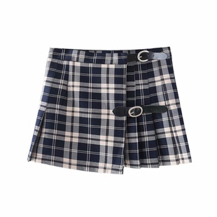 Hollister2025小海鸥皮扣格纹开叉高腰半身裙女子百搭A字裙潮短裙
