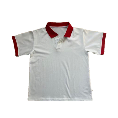 白色校服短袖POLO衫领子大红色袖口大红色男女学生通用款班服棉质