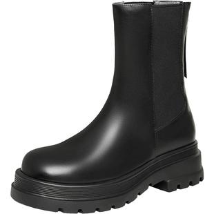 天美意厚底切尔西烟筒靴短靴女瘦瘦靴皮靴子冬新CNV60DZ3