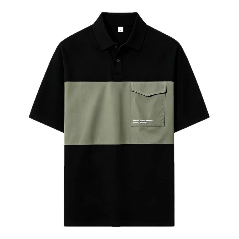 夏季拼色口袋宽松Polo短袖