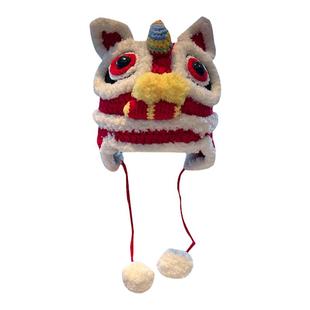 手工针织虎头帽女秋冬季保暖毛线帽子中国风醒狮帽亲子新年老虎帽