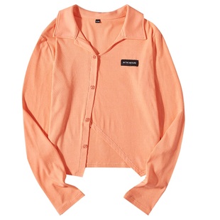 【49/件】EPTISON长袖t恤女春季纯色不规则开叉下摆修身短款上衣