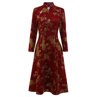 高档加绒加厚旗袍裙改良版中式婚礼服中长款妈妈装显瘦遮肚连衣裙