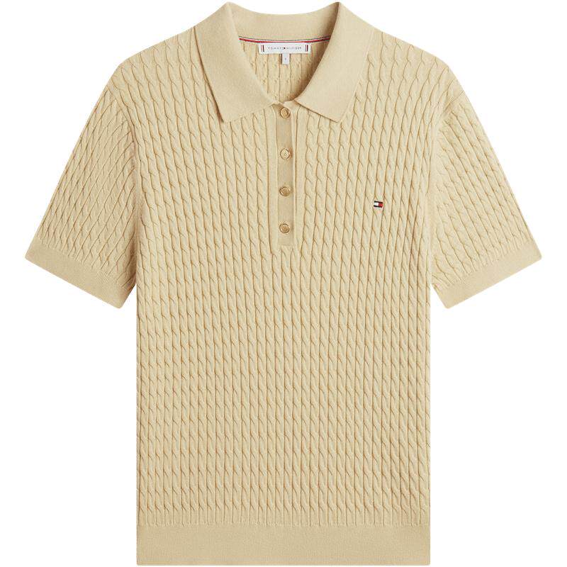 Tommy女装纯棉绞花短袖针织POLO