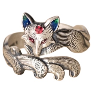 S999足银桃花九尾灵狐戒指女纯银狐狸情侣对戒国潮开口可调节指环