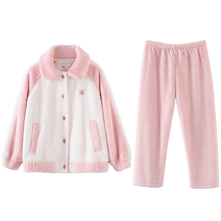 红豆【暖暖绒】情侣珊瑚绒睡衣休闲运动风加厚抗静电家居服套装冬