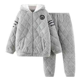 睡衣男冬季加厚加绒珊瑚绒三层夹棉冬天男士加大码保暖家居服套装