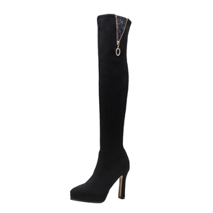 黑色过膝长靴女2025冬季新款细跟高跟靴水钻装饰显瘦防水台长筒靴
