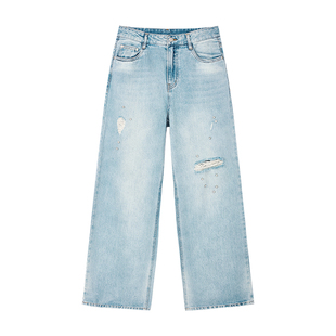 佧茜文100%纯棉破洞牛仔裤2026春夏新款日常佰搭珍珠毛边直筒裤