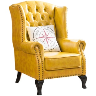 北欧皮艺老虎椅小户型客厅单人沙发北欧田园高背休闲椅真皮沙发椅