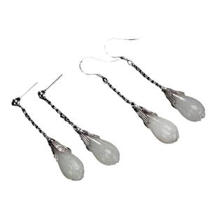 S925纯银耳环女士镶嵌白玉兰耳坠古风耳钉汉服旗袍配饰品耳钩包邮