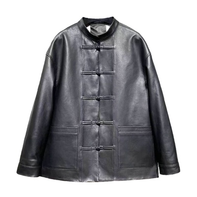 刘雯同款真皮皮衣绵羊皮外套女2025秋季新款国风盘扣立领休闲夹克