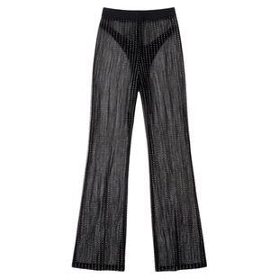 性感黑色网纱烫钻喇叭裤 Sexy mesh ironed diamond flared pants