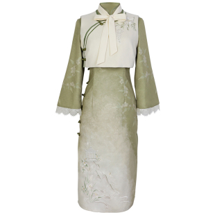 清仓原创【茶语】旗袍倒大袖绿色渐变马甲外套改良旗袍两件连衣裙