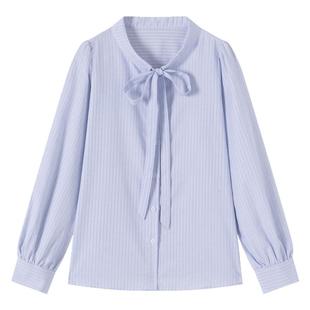 弥古法式蝴蝶结蓝色条纹衬衫女长袖上衣2025年秋冬内搭泡泡袖衬衣