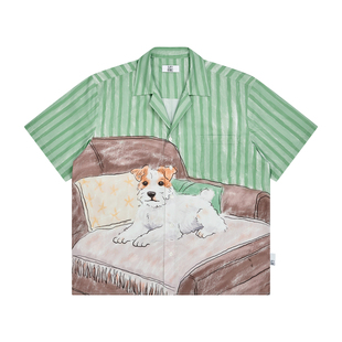 李煜东 EMPTYREFERENCE 古巴领复古惬意午后小狗印花衬衣短袖衬衫