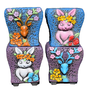 双面浮雕多肉花盆方形老桩可爱动物兔子梅花鹿鼠白陶吸水方口盆