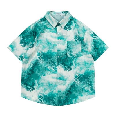 TRAVEL ISLAND 天青色 原创个性渐变扎染图腾印花小众短袖衬衫