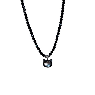 通体S925纯银陈乔恩同款项链黑色猫咪尖晶石锁骨链小众设计颈链潮