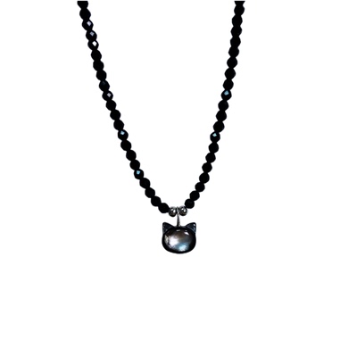 通体s925纯银猫咪黑色尖晶石项链