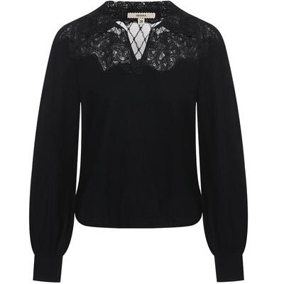 GEGINA吉吉娜秋冬季新品蕾丝拼接针织衫绵羊毛黑色显瘦V领上衣女