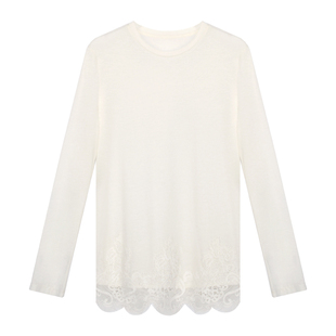 因由 莱赛尔天丝羊毛亲肤拼接蕾丝长袖百搭圆领打底衫T恤上衣女