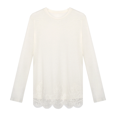因由 早春莱赛尔天丝羊毛亲肤拼接蕾丝长袖百搭圆领打底衫T恤上衣