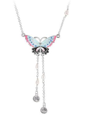 高级感碎冰蓝彩色蝴蝶流苏项链