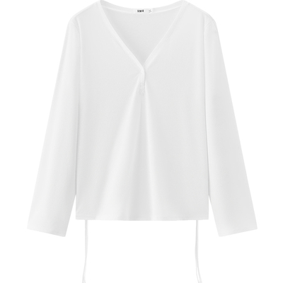 森马V领纯色罩衫抽绳长袖T恤女