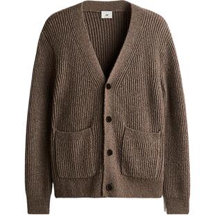 HM男装针织衫春季休闲单排扣罗纹深V领长袖慵懒内搭开衫1249721