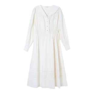 SimpleRetro高支全棉维多利亚法式连衣裙女春刺绣花边收腰A字长裙