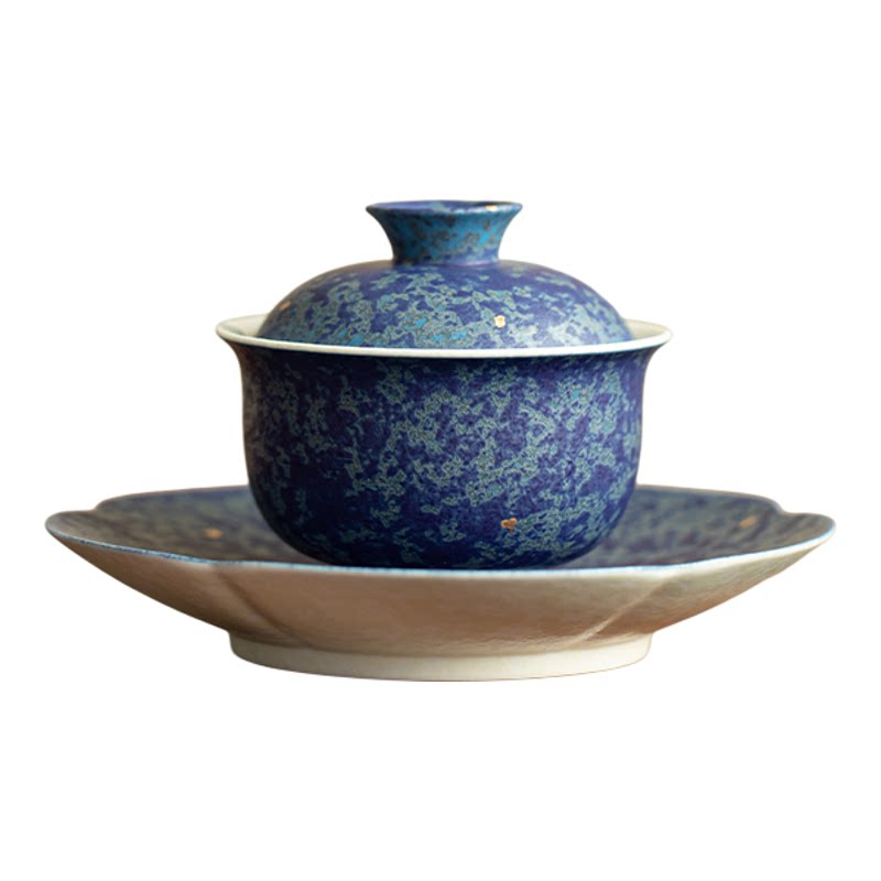 岩矿白蓝釉栖蝶三才盖碗家用陶瓷泡茶碗防烫功夫茶具泡茶器单个装